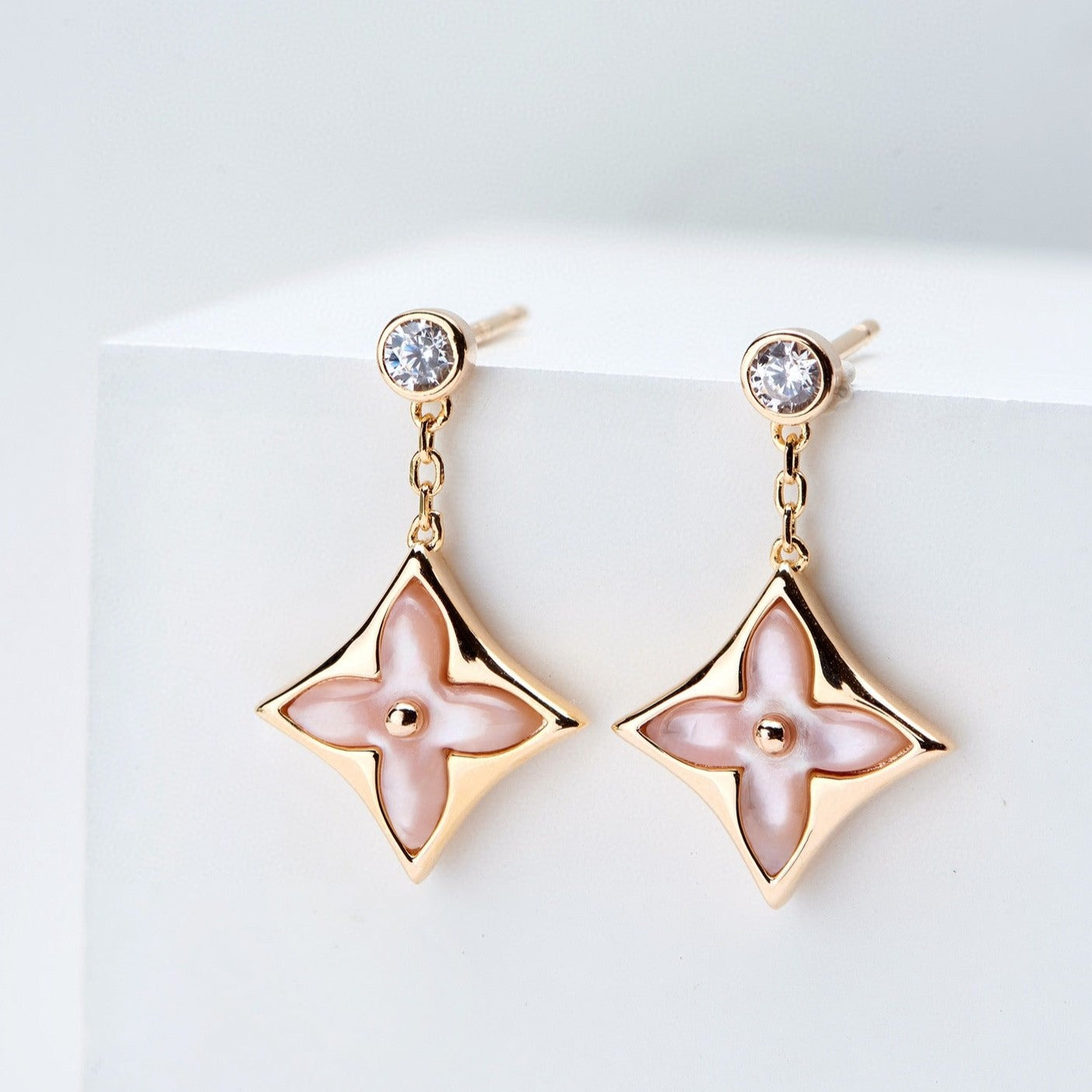 [Moco]DOUBLE STAR PINK GOLD MOP DROP EARRINGS