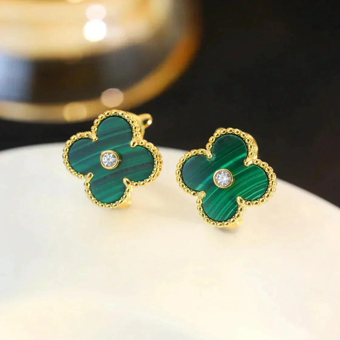 [Moco]CLOVER MEDIUM 1 MOTIFS MALACHITE DIAMOND EARRINGS