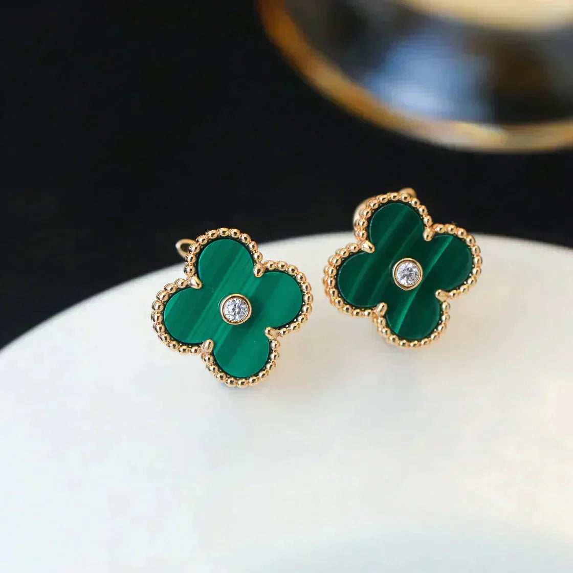 [Moco]CLOVER MEDIUM 1 MOTIFS MALACHITE DIAMOND EARRINGS