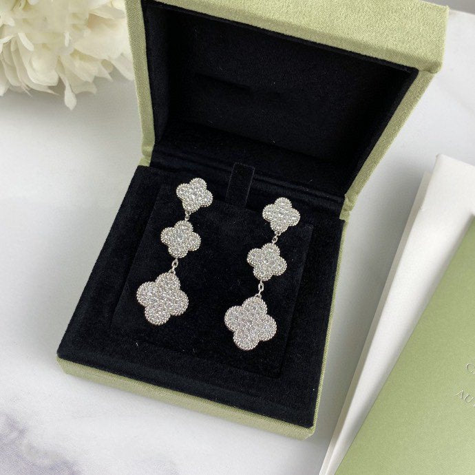 [Moco]CLOVER 3 MOTIF DIAMOND SILVER DROP EARRINGS