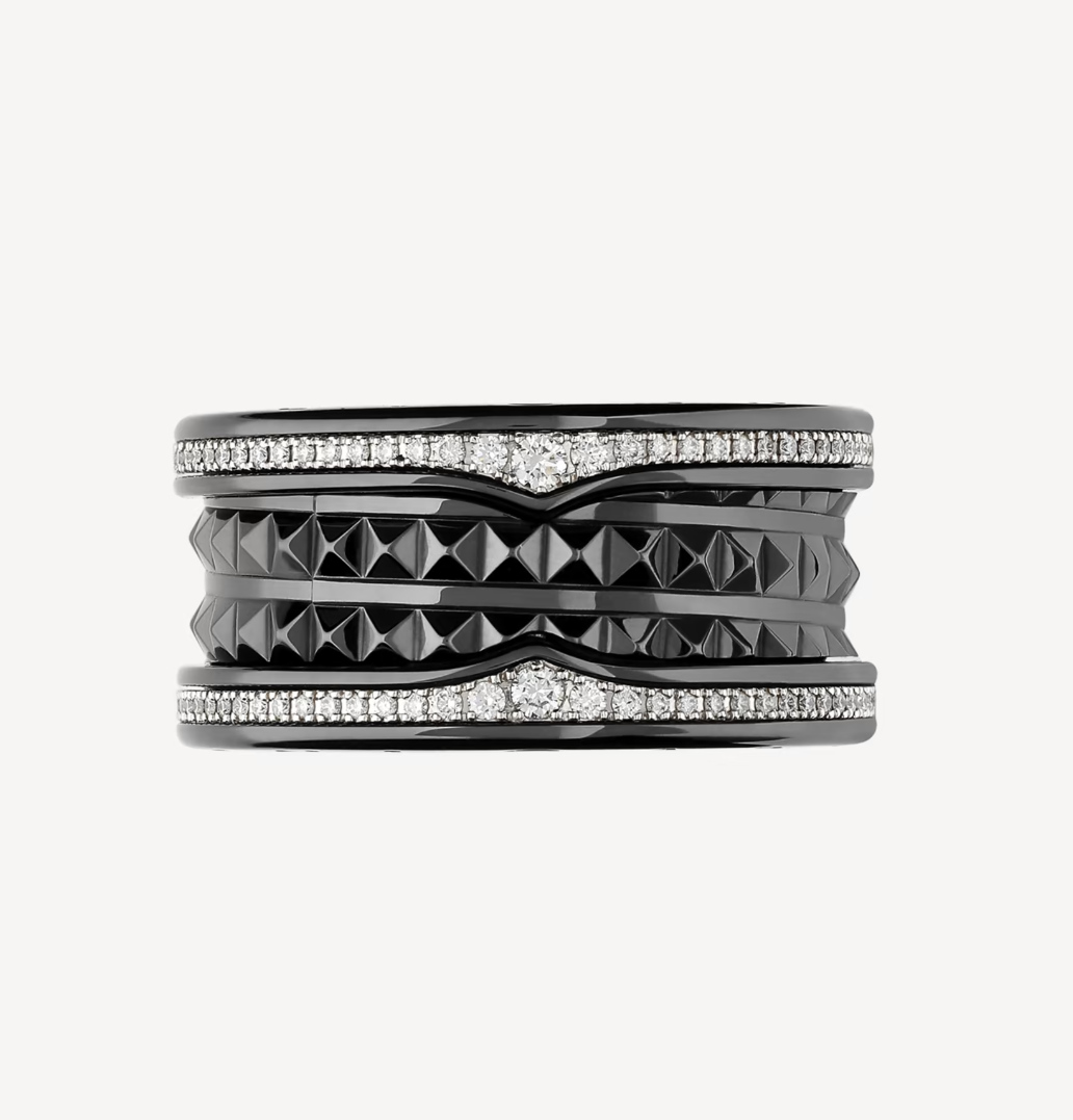 [Moco]ZERO 1 ROCK FOUR-BAND BLACK CERAMIC WITH STUDDED SPIRAL AND PAVED DIAMONDS RING