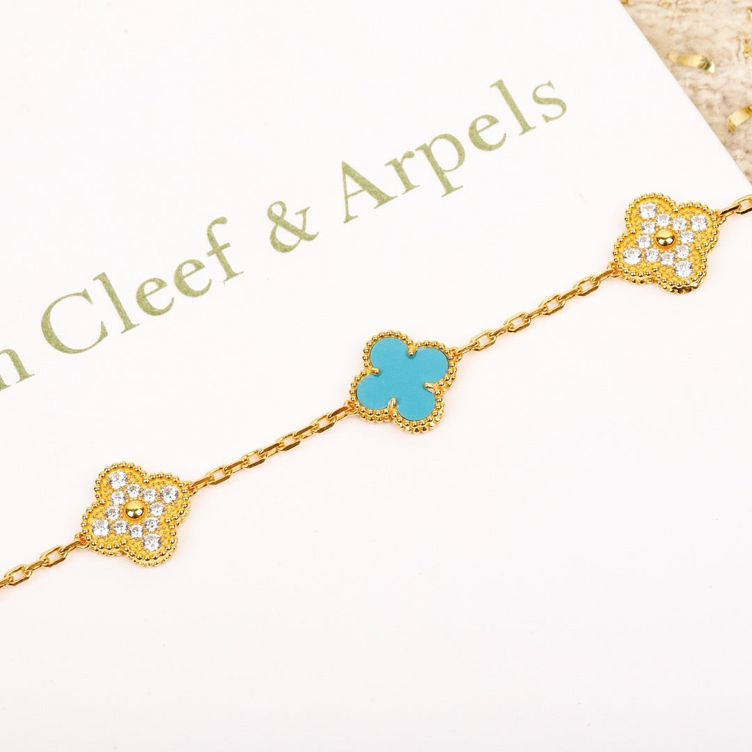 [Moco]CLOVER 5 MOTIF TURQUOISE DIAMOND GOLD BRACELET