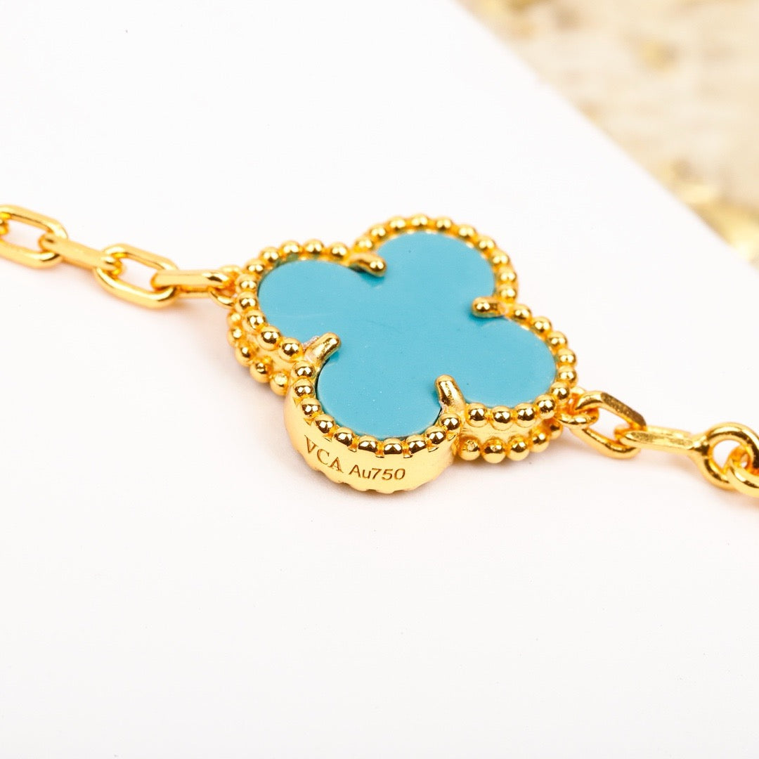 [Moco]CLOVER 5 MOTIF TURQUOISE DIAMOND GOLD BRACELET