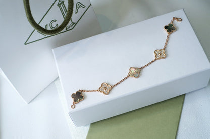 [Moco]CLOVER 5 MOTIFS DARK MOP AND DIAMONDS PINK GOLD BRACELET