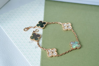 [Moco]CLOVER 5 MOTIFS DARK MOP AND DIAMONDS PINK GOLD BRACELET